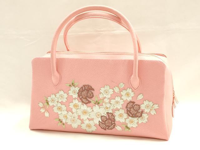 平和屋着物●和装小物　和装バッグ　ハンドバッグ　利休バッグ　総刺繍　桜と福良雀　金糸　逸品　AABH6626ay