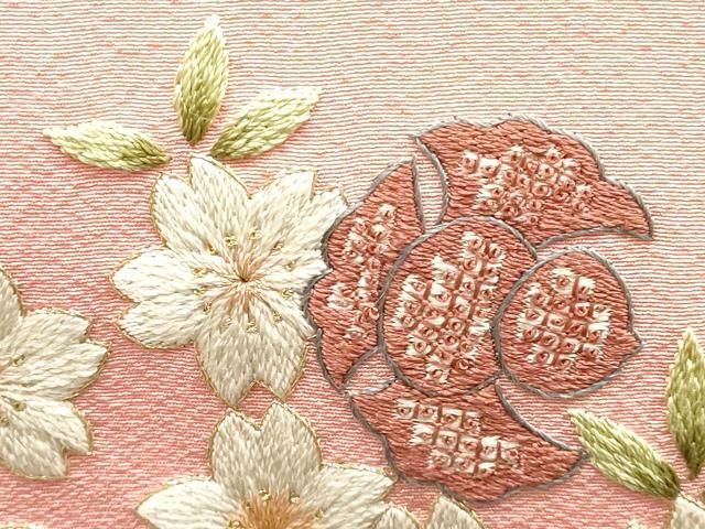 平和屋着物●和装小物　和装バッグ　ハンドバッグ　利休バッグ　総刺繍　桜と福良雀　金糸　逸品　AABH6626ay_2