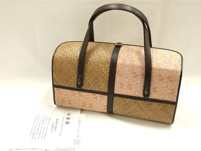 平和屋着物●和装小物　和装バッグ　ハンドバッグ　荒磯　名物裂　花唐草更紗文様　皮革　天然素材　逸品　AABH6634ay