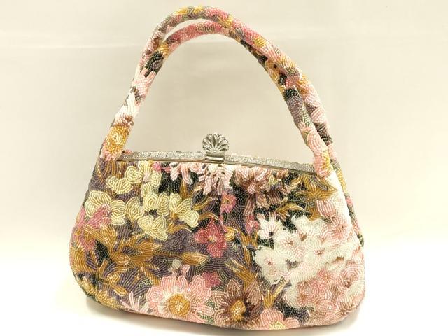 平和屋着物●和装小物　和装バッグ　ハンドバッグ　ビーズバッグ　花柄　逸品　AABH6652ay_1