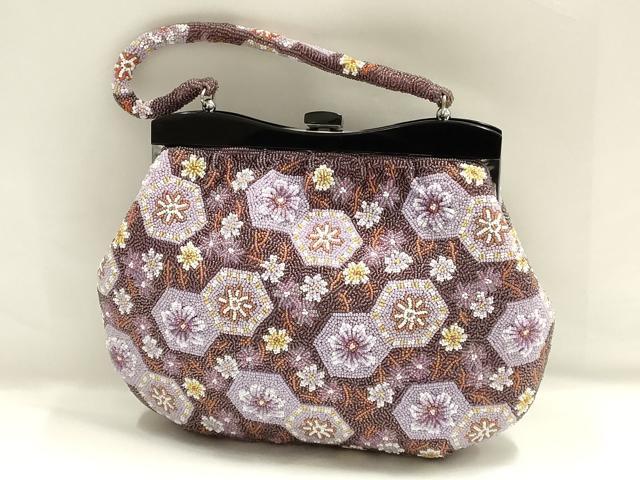 平和屋着物●和装小物　和装バッグ　ハンドバッグ　ビーズバッグ　花亀甲　逸品　AABH6654ay_1