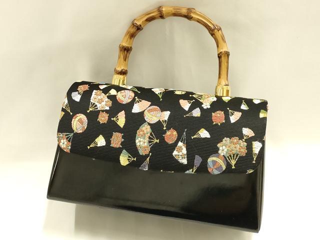 平和屋着物●和装小物　和装バッグ　西陣 山下織物　ハンドバッグ　千代紙生地　バンブーハンドル　金糸　マグネット式　逸品　AABH6755ay