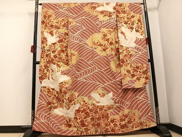 平和屋着物●豪華振袖　友禅　作家物　駒刺繍　群鶴立波梅文　金彩　正絹　逸品　AABH6827ph