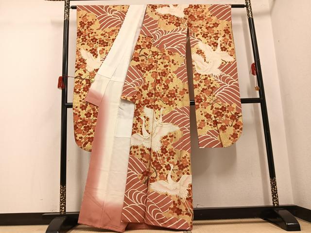 平和屋着物●豪華振袖　友禅　作家物　駒刺繍　群鶴立波梅文　金彩　正絹　逸品　AABH6827ph_1