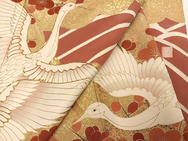 平和屋着物●豪華振袖　友禅　作家物　駒刺繍　群鶴立波梅文　金彩　正絹　逸品　AABH6827ph_6