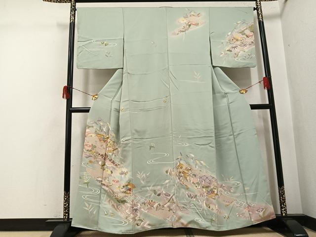 平和屋着物●創業460年・千總　訪問着　友禅　駒刺繍　流水草花文　暈し染め　金彩　正絹　逸品　AABH6894ph