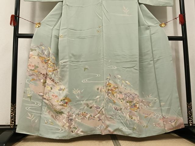 平和屋着物●創業460年・千總　訪問着　友禅　駒刺繍　流水草花文　暈し染め　金彩　正絹　逸品　AABH6894ph_2