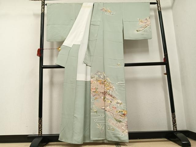 平和屋着物●創業460年・千總　訪問着　友禅　駒刺繍　流水草花文　暈し染め　金彩　正絹　逸品　AABH6894ph_1