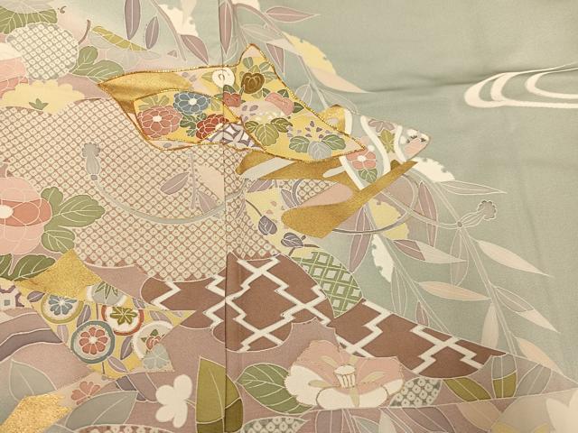 平和屋着物●創業460年・千總　訪問着　友禅　駒刺繍　流水草花文　暈し染め　金彩　正絹　逸品　AABH6894ph_3