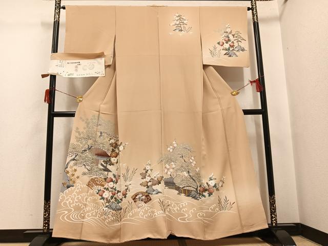平和屋着物●訪問着　友禅　松竹梅風景草花文　丹後ちりめん　反端付き　正絹　逸品　AABH6900ph