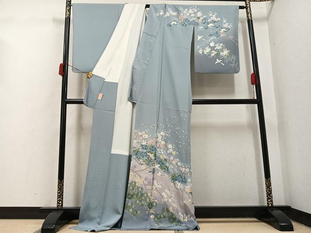 平和屋着物●訪問着　友禅　刺繍　花鳥文　暈し染め　金糸　ロング丈　正絹　逸品　AABH6949ph_1