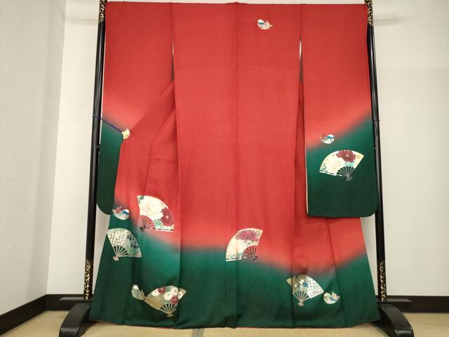 平和屋着物●豪華振袖　扇面鴛鴦花文　暈し染め　金彩　金通し地　正絹　逸品　AABH7078ck
