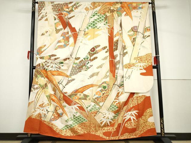 平和屋着物●豪華振袖　駒刺繍　笹竹吉祥文　金彩　金通し地　正絹　逸品　AABH7191cs