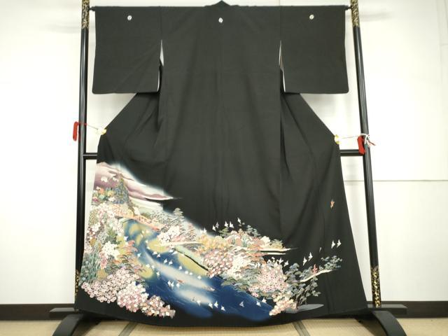 平和屋着物●豪華黒留袖　友禅　作家物　飛鳥梅風景花文　暈し染め　やまと誂製　正絹　逸品　AABH7193cs