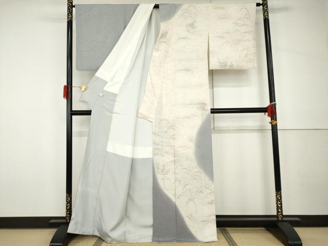 平和屋着物●創業明治元年、京の老舗【小糸染芸】　小糸敏夫　訪問着　ぜんまい紬　シロサギ　暈し染め　正絹　逸品　AABH7232cs_1