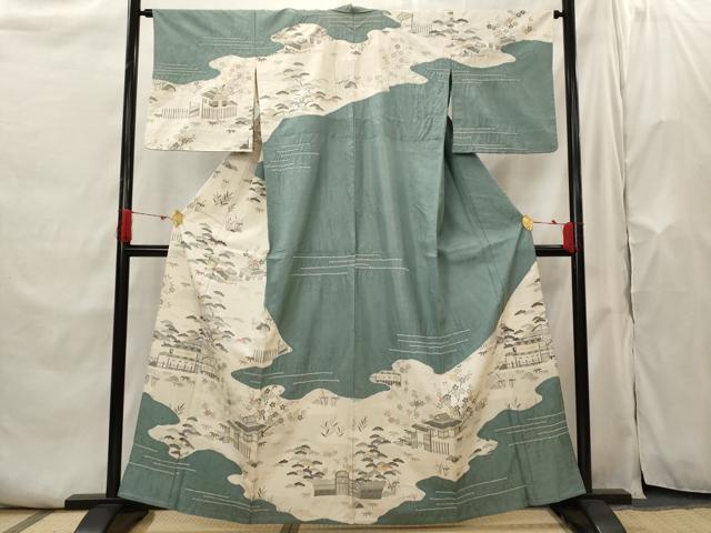 平和屋着物▽本場染大島紬　訪問着　単衣　絞り　風景花文　金彩　正絹　逸品　AABH7433st