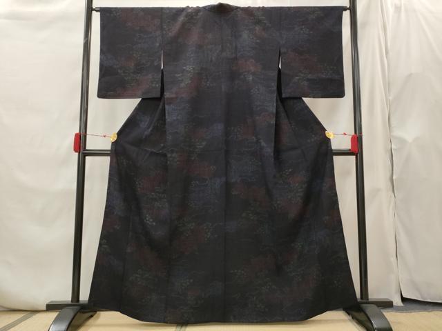 平和屋着物▽結城ちぢみ　単衣　流水草花文　正絹　逸品　AABH7454st_1