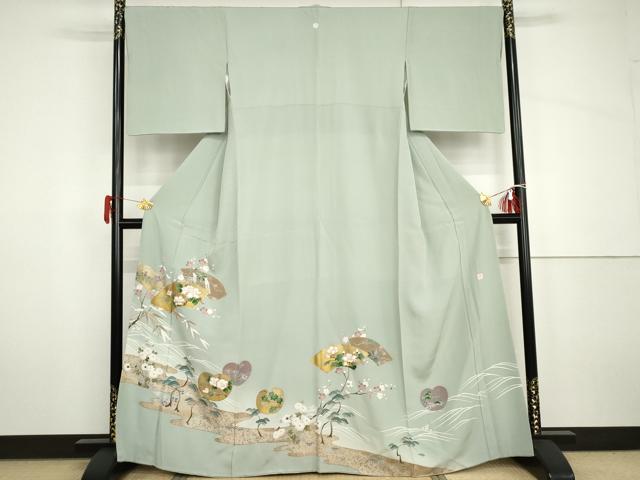 平和屋着物●豪華色留袖　友禅　作家物　駒刺繍　地紙花松文　金彩　正絹　逸品　AABH7790cs