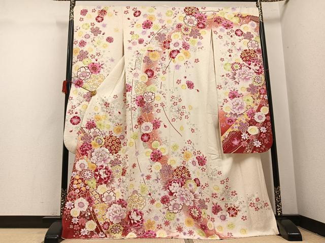 平和屋着物●豪華振袖　刺繍　花蝶文　銀彩　銀通し地　正絹　逸品　AABH8306ph