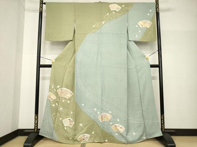 平和屋着物●訪問着 駒刺繍 絞り 流水地紙花文 金彩 正絹 逸品 AABH8461ck