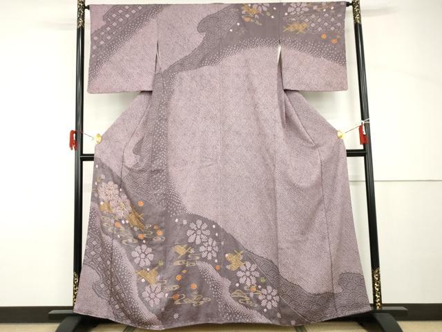 平和屋着物●訪問着　駒刺繍　絞り　流水舞花文　金彩　正絹　逸品　AABH8932cs