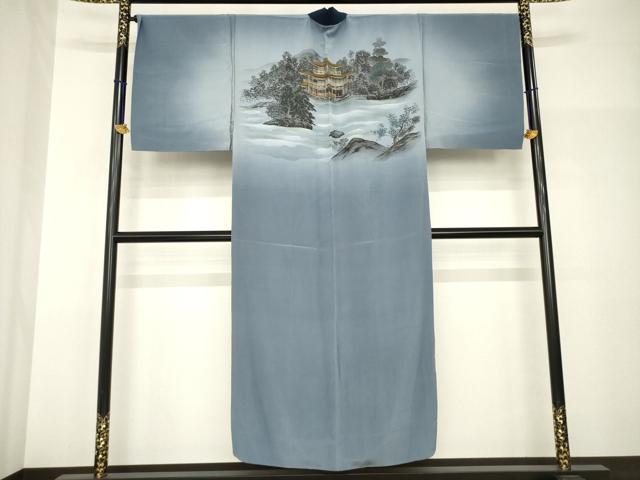 平和屋着物○男性 長襦袢 袷 手描き 風景文 金彩 正絹 逸品 AABH9528ck
