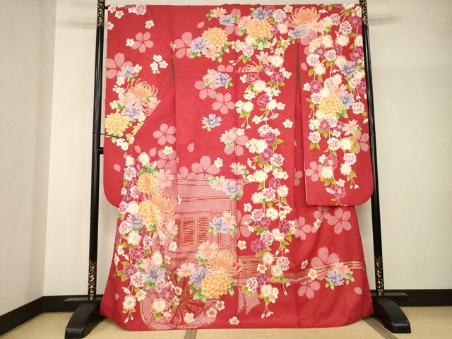 平和屋着物●H・L（アッシュエル）　HENRI-LUC CHAPUIS　振袖　風景花文　金彩　洗える着物　AABH9573ck