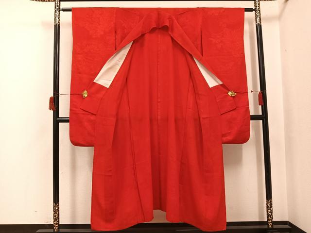 平和屋着物●アンティーク　大正ロマン　振袖用長襦袢　単衣　色無地　草花地紋　赤丹色　広衿仕立て　正絹　逸品　AABH9607ph_1