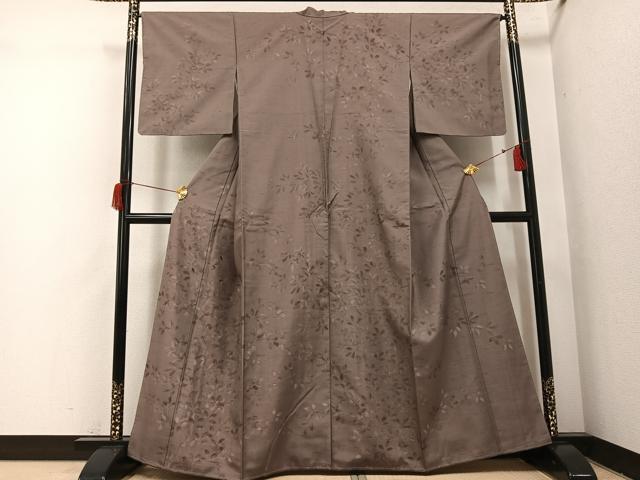 平和屋着物●訪問着　作家物　染人　紬地　手描き　枝葉文　正絹　逸品　未使用　AABH9715ph