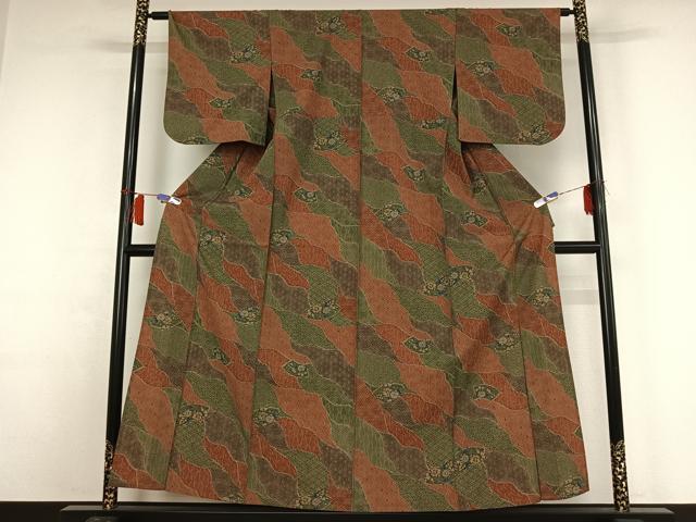 平和屋着物▽小紋　単衣　地紙花文　洗える着物　AABH9842jh_1