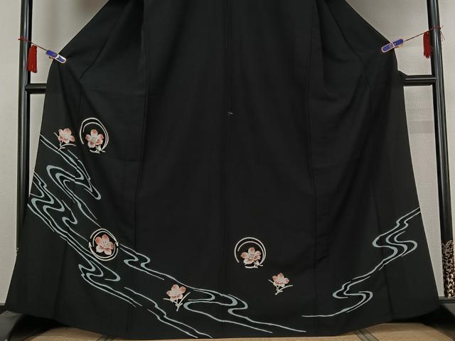 平和屋着物▽訪問着　単衣　流水花文　黒地　金彩　洗える着物　AABH9849jh_2