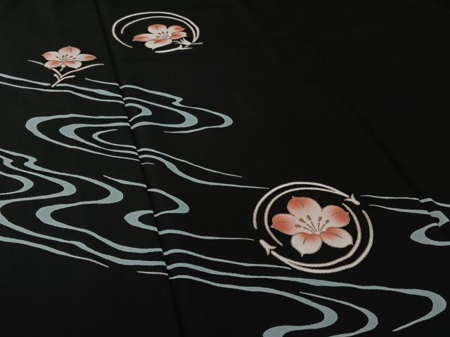 平和屋着物▽訪問着　単衣　流水花文　黒地　金彩　洗える着物　AABH9849jh_3