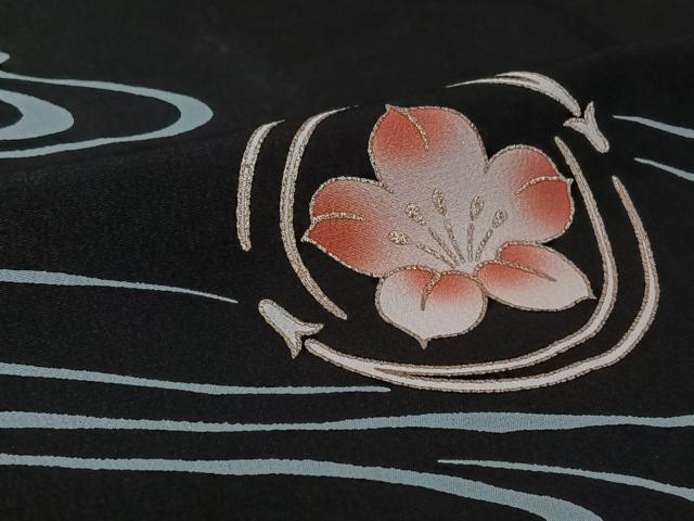 平和屋着物▽訪問着　単衣　流水花文　黒地　金彩　洗える着物　AABH9849jh_5