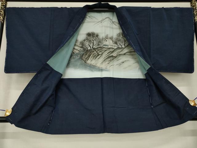 平和屋着物○男性 紬 アンサンブル 色無地 青褐色 正絹 逸品