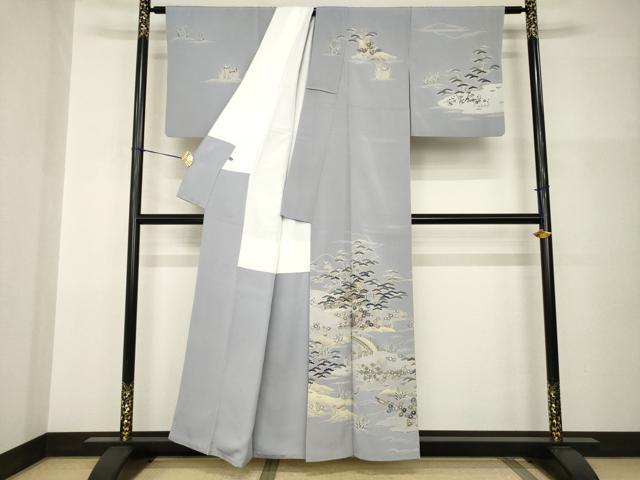 平和屋着物●訪問着　友禅　駒刺繍　風景松文　金彩　正絹　逸品　AABH9992ck_1