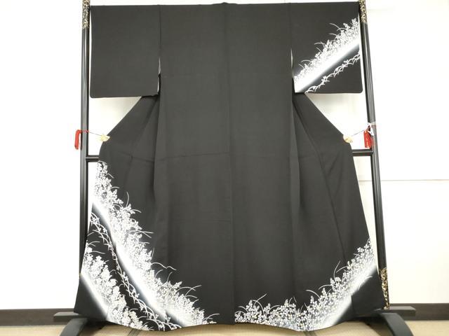 平和屋着物○訪問着 草花文 暈し染め 黒地 正絹 逸品 AABI0020cs