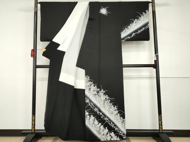 平和屋着物○訪問着 草花文 暈し染め 黒地 正絹 逸品 AABI0020cs