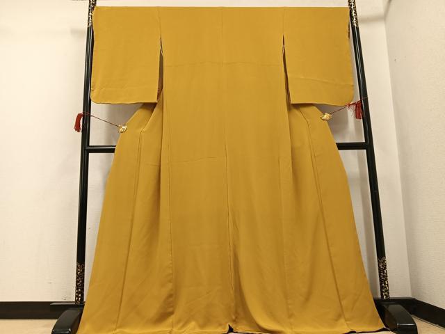 平和屋着物●上質な色無地　黄朽葉色　ロング丈　正絹　逸品　AABI0441ph_1