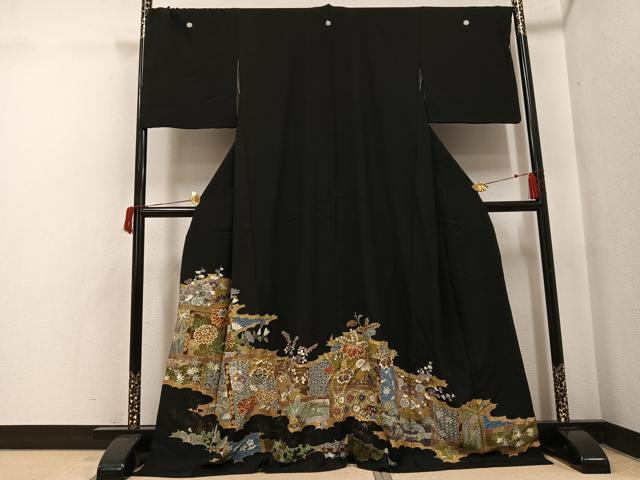 平和屋着物●創業460年・千總　黒留袖　駒刺繍　草花文　金彩　ロング丈　正絹　逸品　AABI0449ph 38,025円