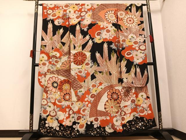平和屋本店●アンティーク　大正ロマン　振袖　駒刺繍　地紙草花文　黒地　金銀彩　正絹　逸品　AABI0462ph