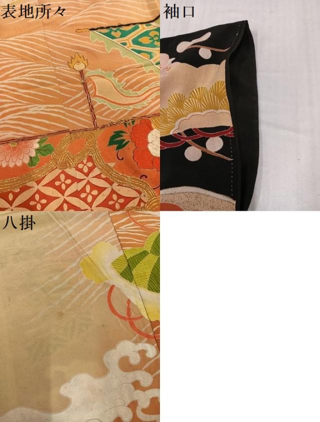 平和屋本店●アンティーク　大正ロマン　振袖　宝船　黒地　金彩　正絹　逸品　AABI0463ph_7