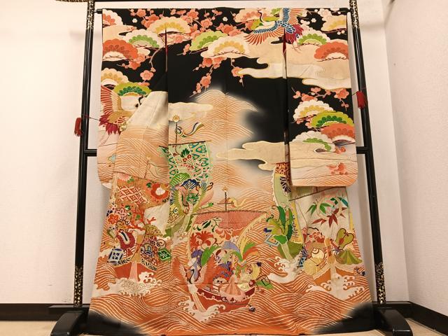平和屋本店●アンティーク　大正ロマン　振袖　宝船　黒地　金彩　正絹　逸品　AABI0463ph