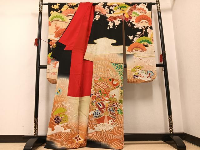平和屋本店●アンティーク　大正ロマン　振袖　宝船　黒地　金彩　正絹　逸品　AABI0463ph_1