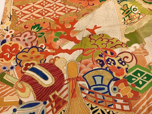 平和屋本店●アンティーク　大正ロマン　振袖　宝船　黒地　金彩　正絹　逸品　AABI0463ph_4