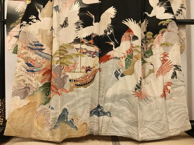 平和屋本店●アンティーク　大正ロマン　振袖　駒刺繍　群れ鶴風景草花舟宝尽くし　黒地　金彩　正絹　逸品　AABI0465ph_2