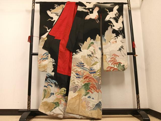 平和屋本店●アンティーク　大正ロマン　振袖　駒刺繍　群れ鶴風景草花舟宝尽くし　黒地　金彩　正絹　逸品　AABI0465ph_1