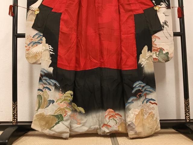 平和屋本店●アンティーク　大正ロマン　振袖　駒刺繍　群れ鶴風景草花舟宝尽くし　黒地　金彩　正絹　逸品　AABI0465ph_3