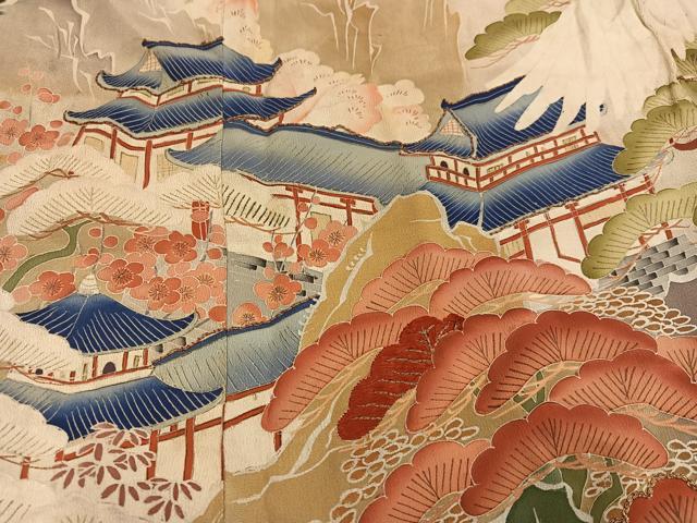 平和屋本店●アンティーク　大正ロマン　振袖　駒刺繍　群れ鶴風景草花舟宝尽くし　黒地　金彩　正絹　逸品　AABI0465ph_4