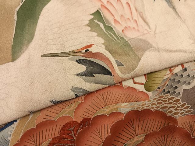 平和屋本店●アンティーク　大正ロマン　振袖　駒刺繍　群れ鶴風景草花舟宝尽くし　黒地　金彩　正絹　逸品　AABI0465ph_5