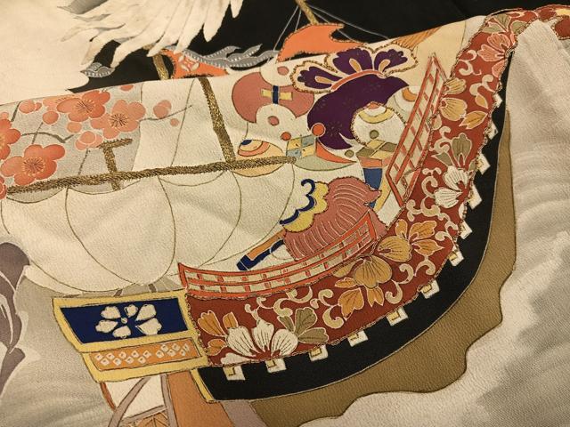 平和屋本店●アンティーク　大正ロマン　振袖　駒刺繍　群れ鶴風景草花舟宝尽くし　黒地　金彩　正絹　逸品　AABI0465ph_6